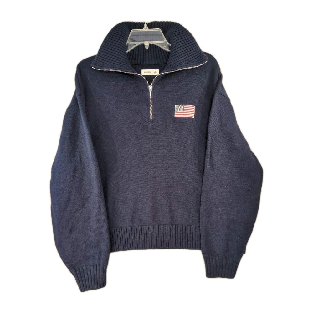 Hollister Oversized Sweater Medium Navy USA Logo Chunky Knit Quarter Zip Crop
